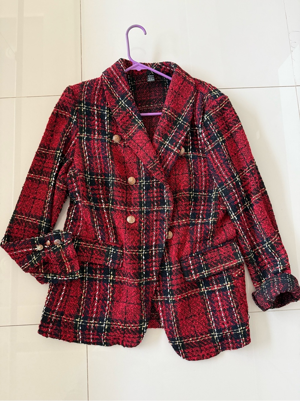 Double-Breasted Red Plaid Tweed Women's Blazer Coat